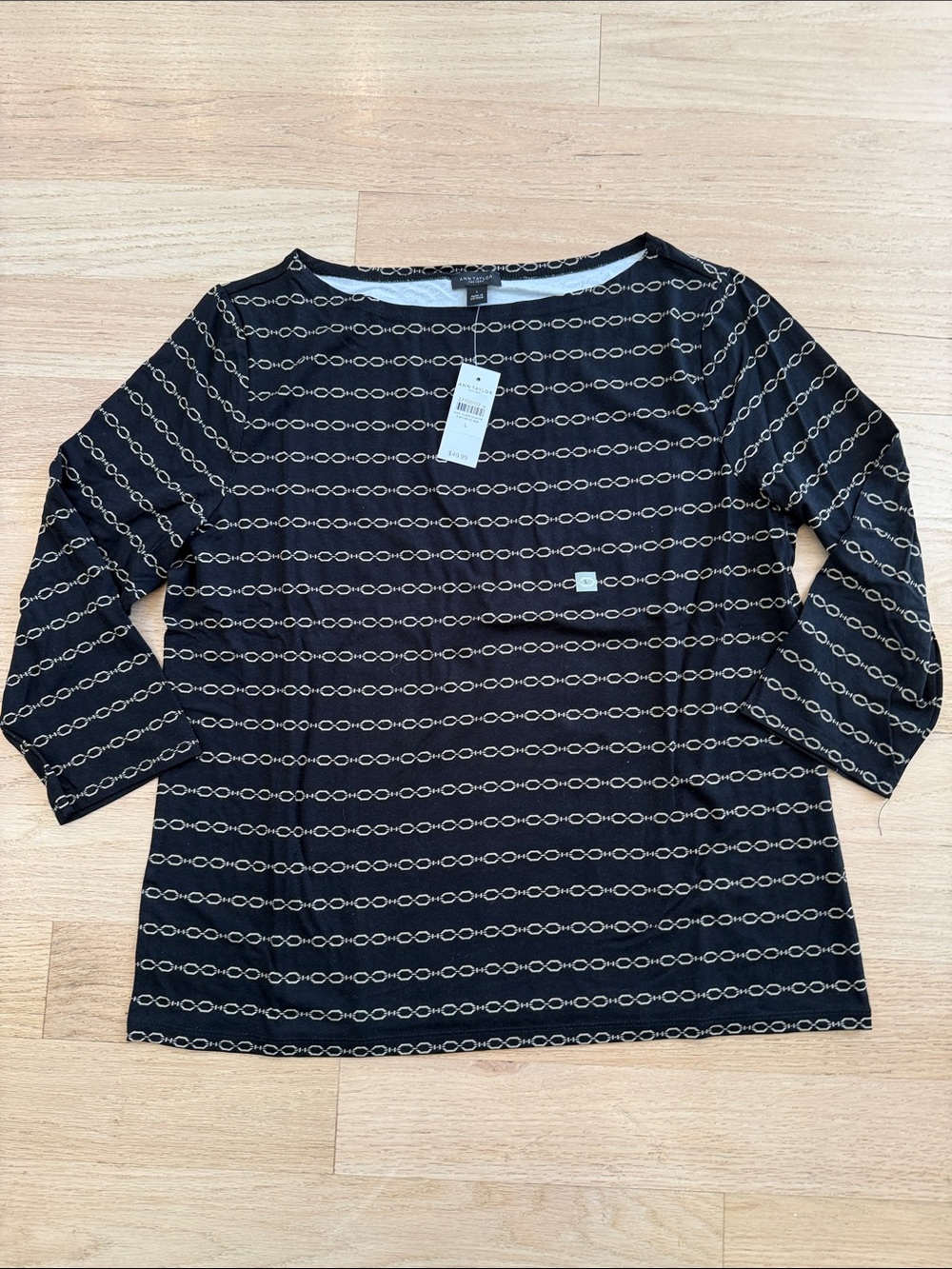 Ann Taylor Black Top with Cream Chain-Link Pattern